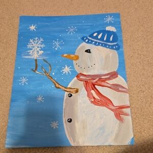 Snowman Art with Red Scarf and Blue Hat